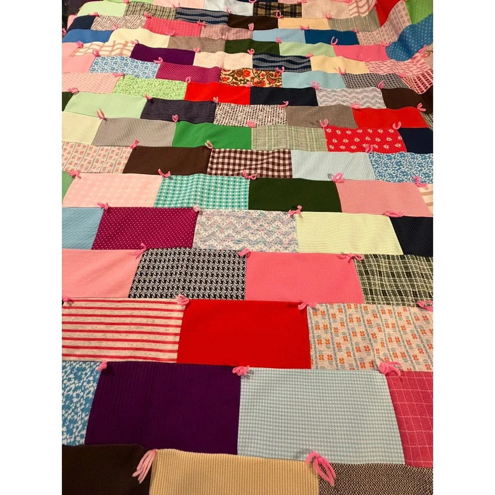 Vintage Handmade Patchwork Tied Quilt Multi Color Scrap Blanket Pink Backing